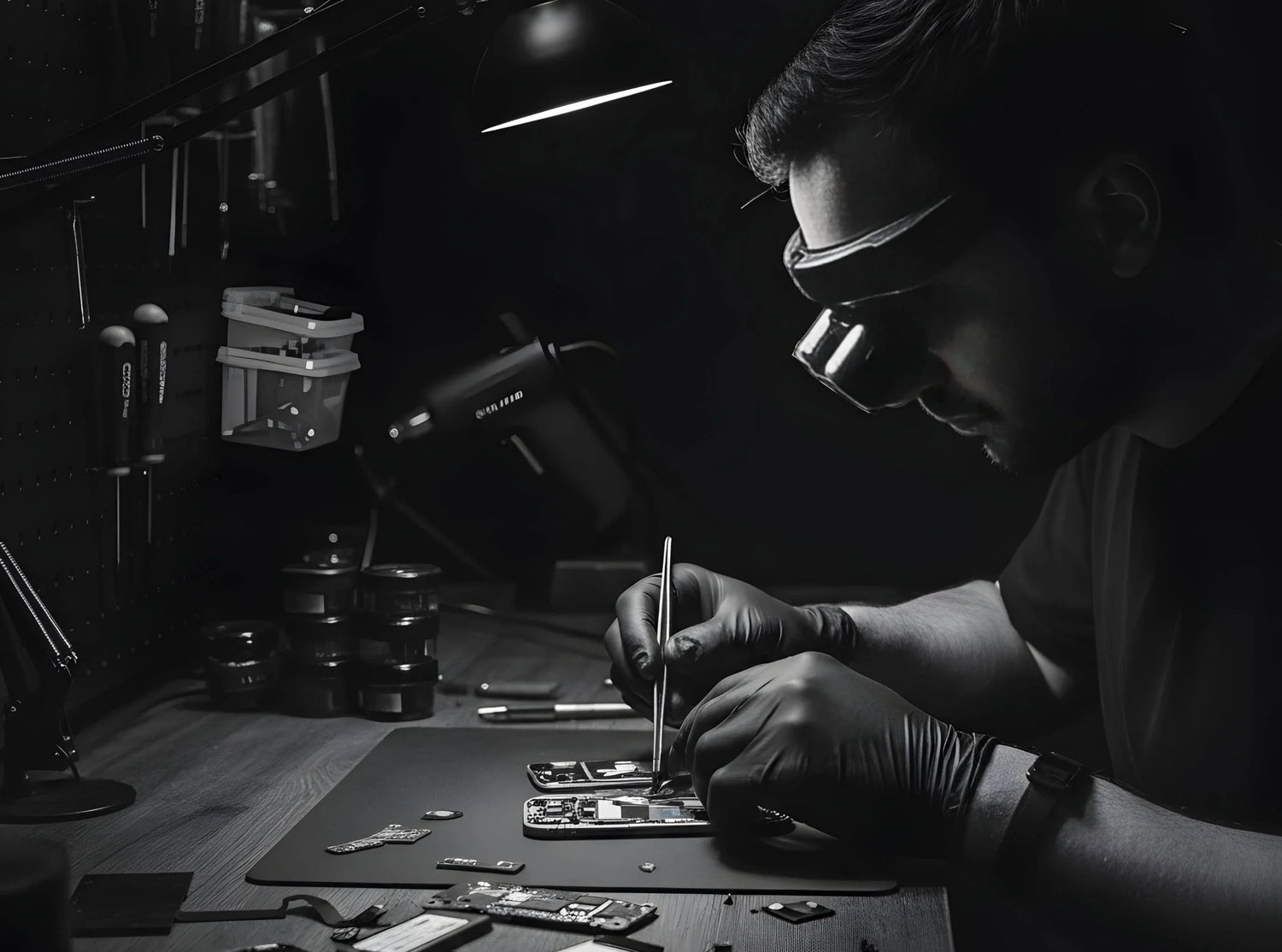 Technicien inspectant et préparant un iPhone en atelier